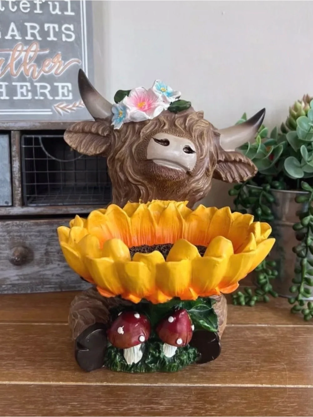 New Decorative Highland Cow Holding A Sunflower